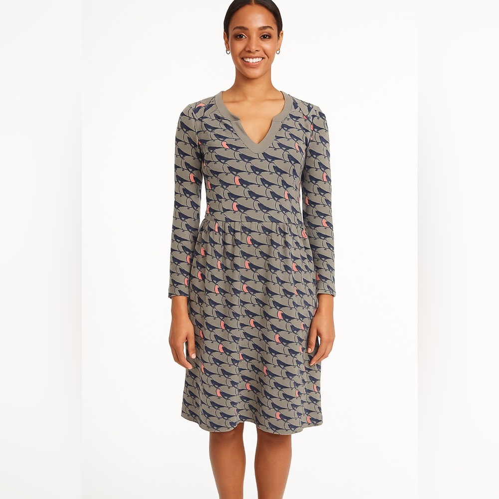 Boden Alicia Bird Print Midi Dress 8 Whimsical Fit & Flare
